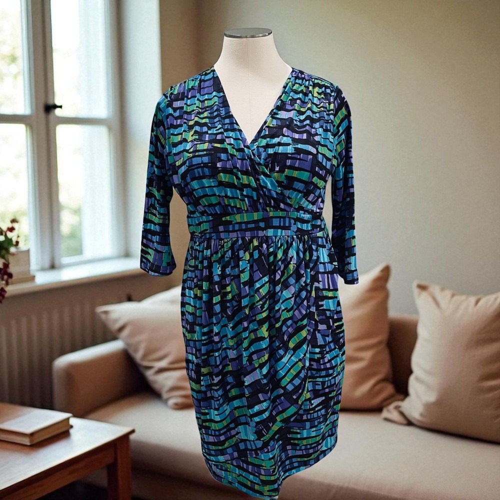 Slinky Brand XL Abstract Print Dress Stretch Wrap Front Career Casual Bold‎